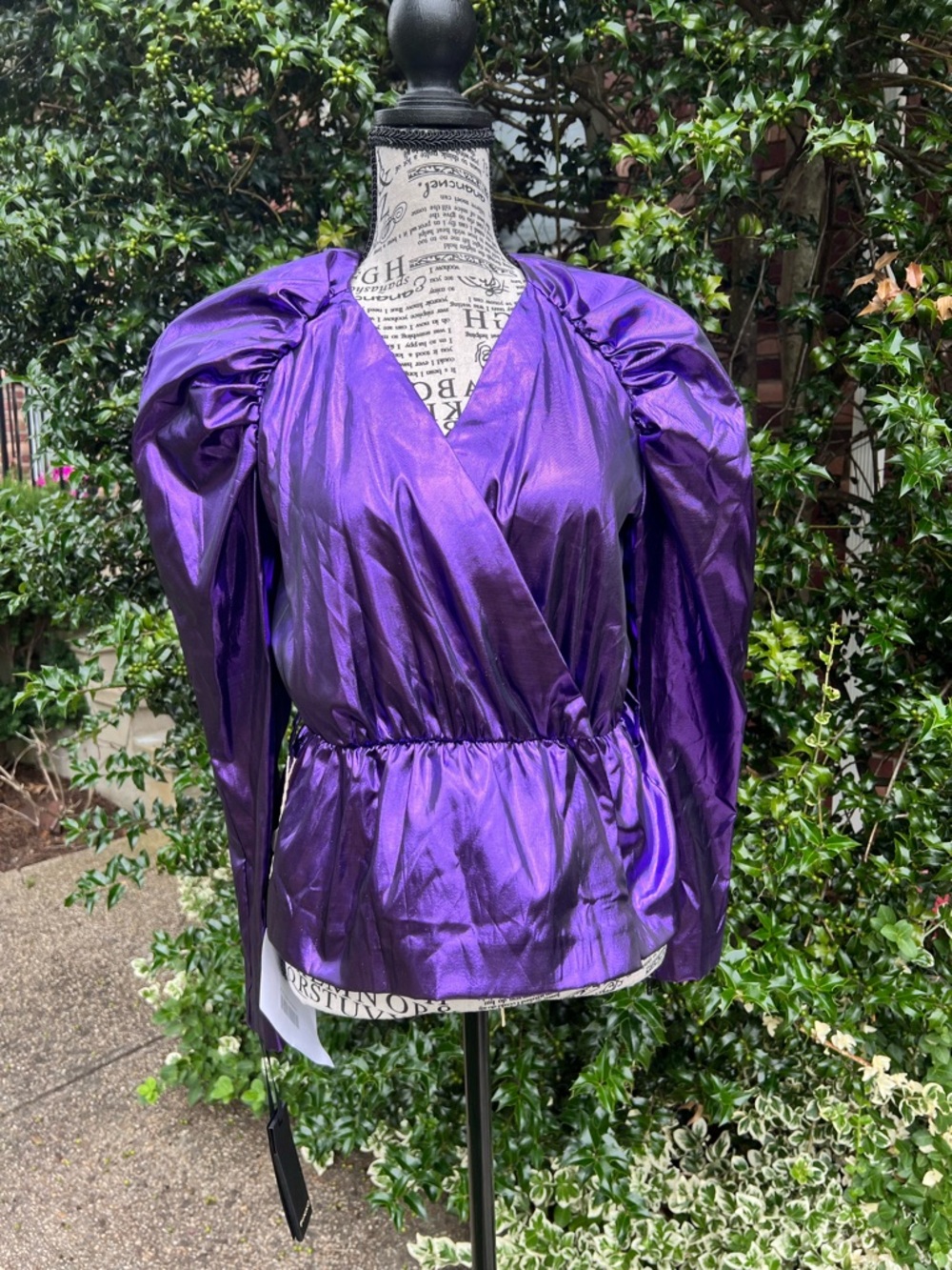 Pinko Shiny Purple Puff-Sleeve Wrap Blouse M Missing Belt